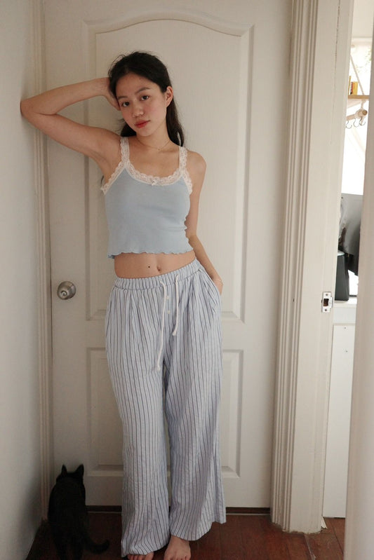☁️美式慵懶藍條紋清新飄逸睡褲🧁