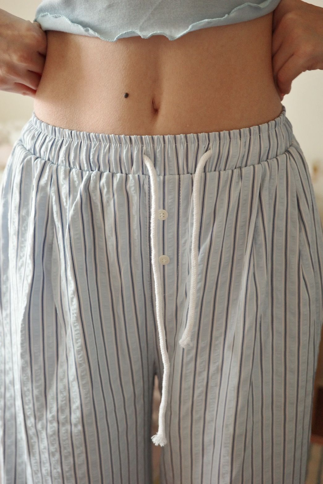 ☁️美式慵懶藍條紋清新飄逸睡褲🧁