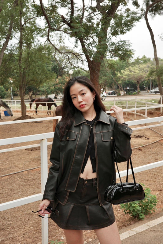 ☕️美式復古寬鬆刷舊皮衣套裝♥️