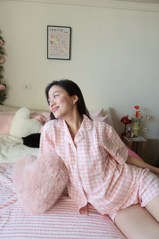 超可愛粉格紋💗🎀polo領短袖睡衣套裝(闆娘超愛穿🙋🏻♀️🙈