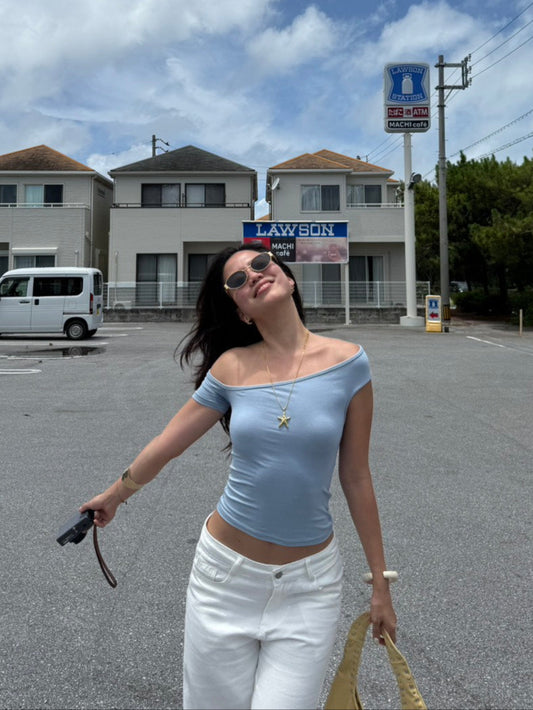 本期必買⭐️超美霧藍色斜肩設計感緊身上衣✨