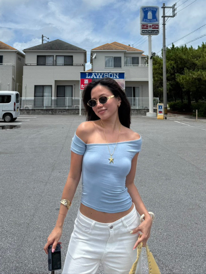 本期必買⭐️超美霧藍色斜肩設計感緊身上衣✨
