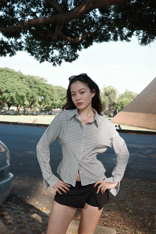 🎥復古辣妹格紋縮腰襯衫🩶