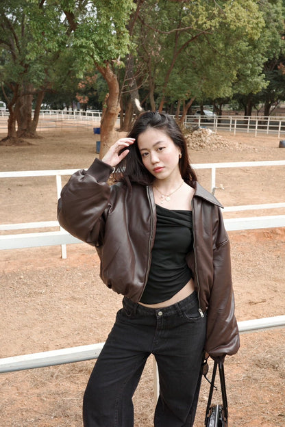 🍂必買!!☕️美式復古寬鬆咖🤎皮衣厚棉外套♥️