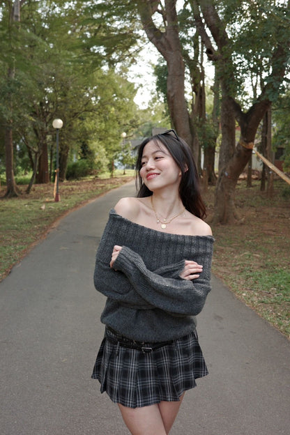 🗞️歐美必買超美一字領身灰色毛衣☕️📰