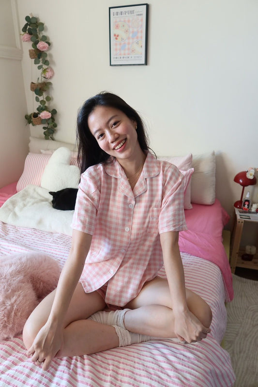 超可愛粉格紋💗🎀polo領短袖睡衣套裝（闆娘超愛穿🙋🏻‍♀️🙈