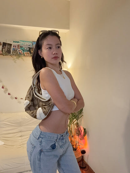 泰國🇹🇭挖寶⭐️Coach經典老花Moon bag🌙卡其白拼接肩背包