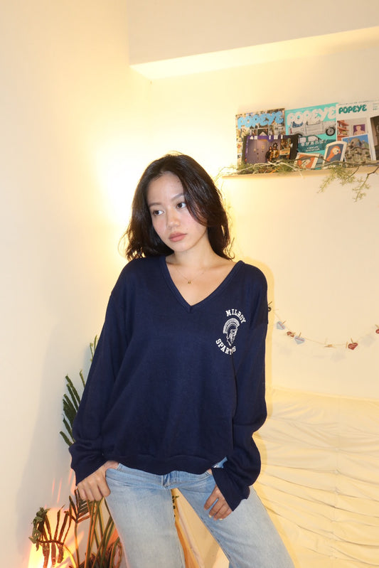 美式校園深藍色V領針織毛衣🧶📘