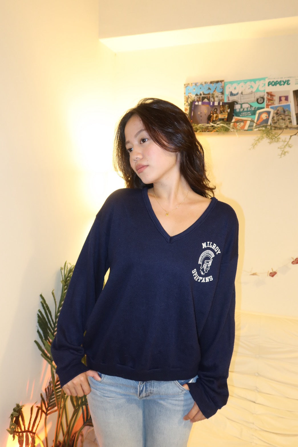 美式校園深藍色V領針織毛衣🧶📘
