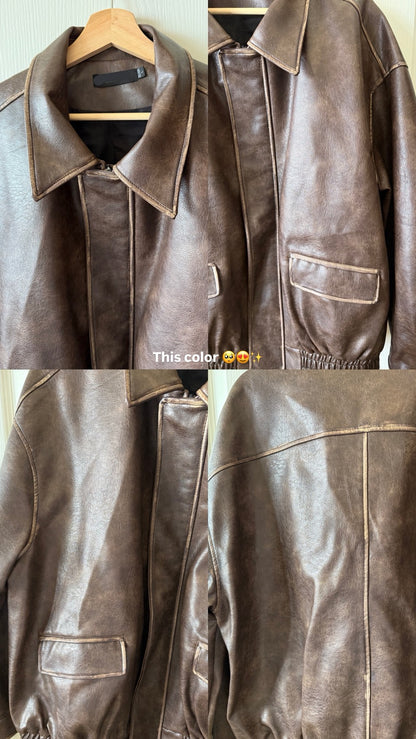 🔥超級大必買!!🤎Hailey Vibe寬鬆做舊咖色皮衣外套🍂📻