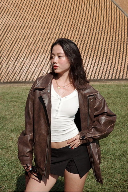 🔥超級大必買!!🤎Hailey Vibe寬鬆做舊咖色皮衣外套🍂📻