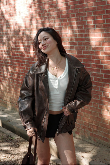 🔥超級大必買!!🤎Hailey Vibe寬鬆做舊咖色皮衣外套🍂📻