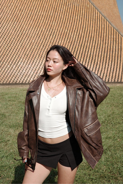 🔥超級大必買!!🤎Hailey Vibe寬鬆做舊咖色皮衣外套🍂📻