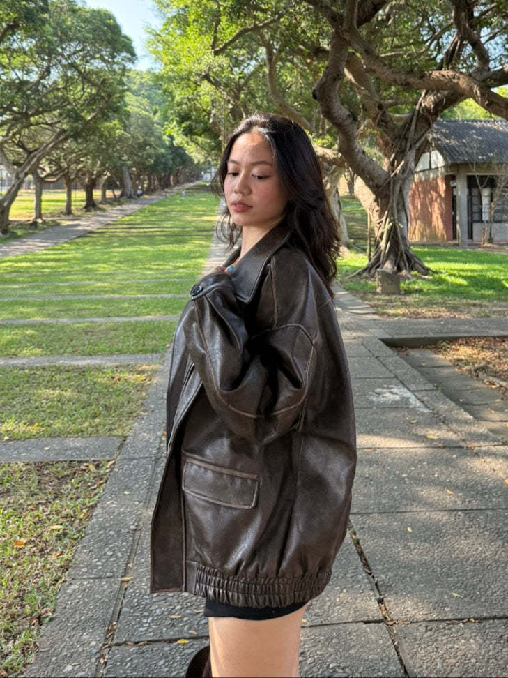 🔥超級大必買!!🤎Hailey Vibe寬鬆做舊咖色皮衣外套🍂📻