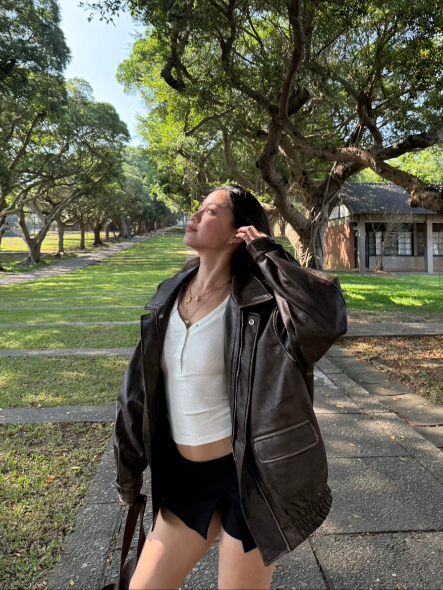 🔥超級大必買!!🤎Hailey Vibe寬鬆做舊咖色皮衣外套🍂📻