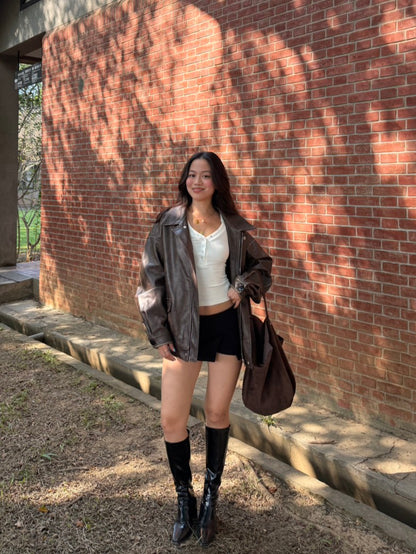 🔥超級大必買!!🤎Hailey Vibe寬鬆做舊咖色皮衣外套🍂📻