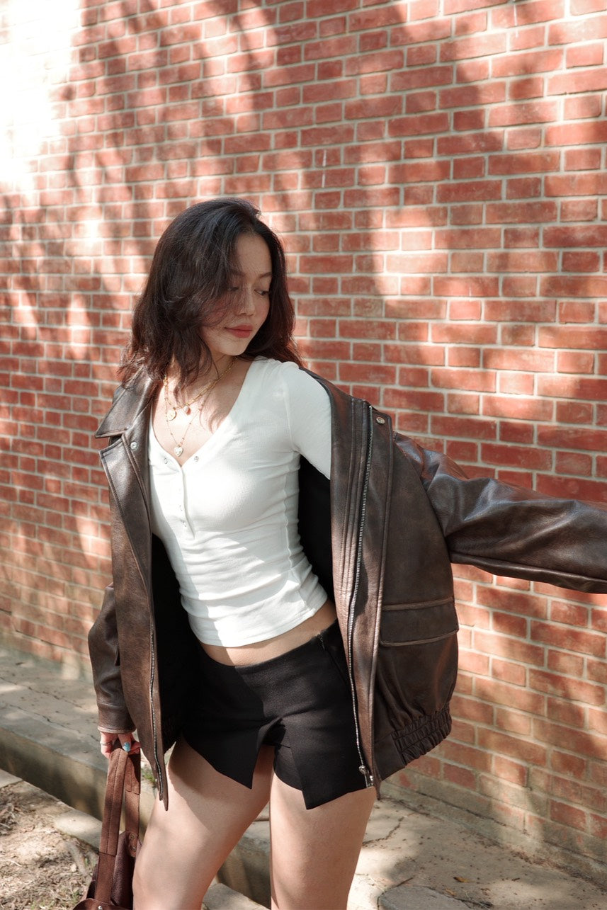 🔥超級大必買!!🤎Hailey Vibe寬鬆做舊咖色皮衣外套🍂📻