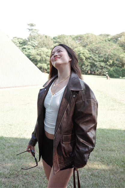 🔥超級大必買!!🤎Hailey Vibe寬鬆做舊咖色皮衣外套🍂📻