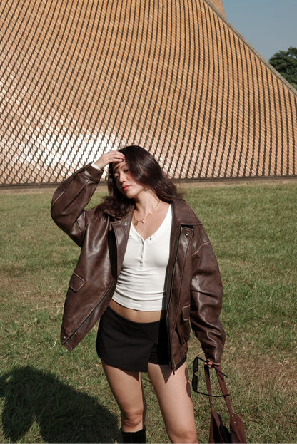 🔥超級大必買!!🤎Hailey Vibe寬鬆做舊咖色皮衣外套🍂📻