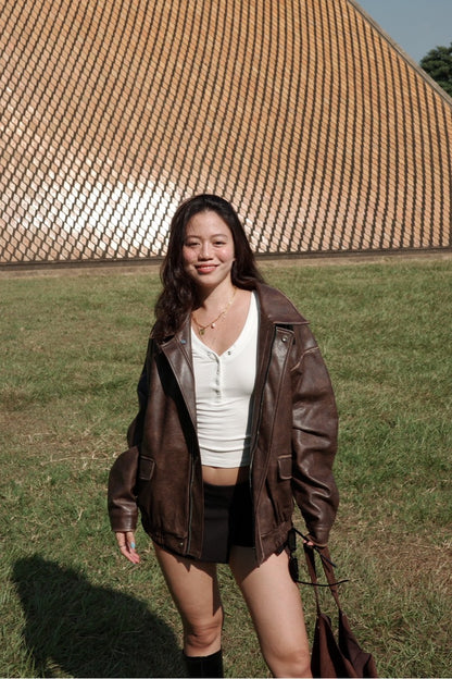 🔥超級大必買!!🤎Hailey Vibe寬鬆做舊咖色皮衣外套🍂📻