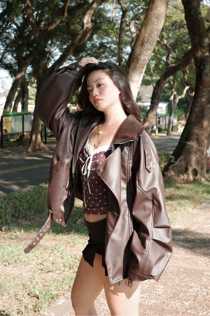 🎱超級大必買!!深咖色☕️Hailey寬鬆機車皮衣大外套🎥🤎