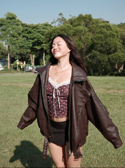 🎱超級大必買!!深咖色☕️Hailey寬鬆機車皮衣大外套🎥🤎