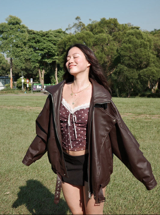 🎱超級大必買!!深咖色☕️Hailey寬鬆機車皮衣大外套🎥🤎