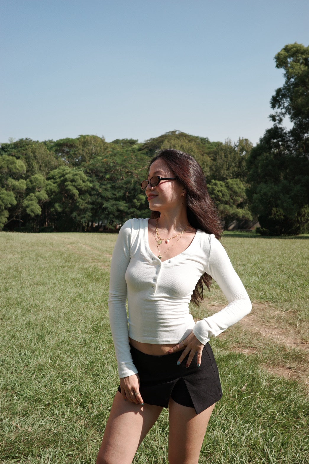 早秋必備🍂辣妹V領開釦緊身彈性長袖🤎🤍