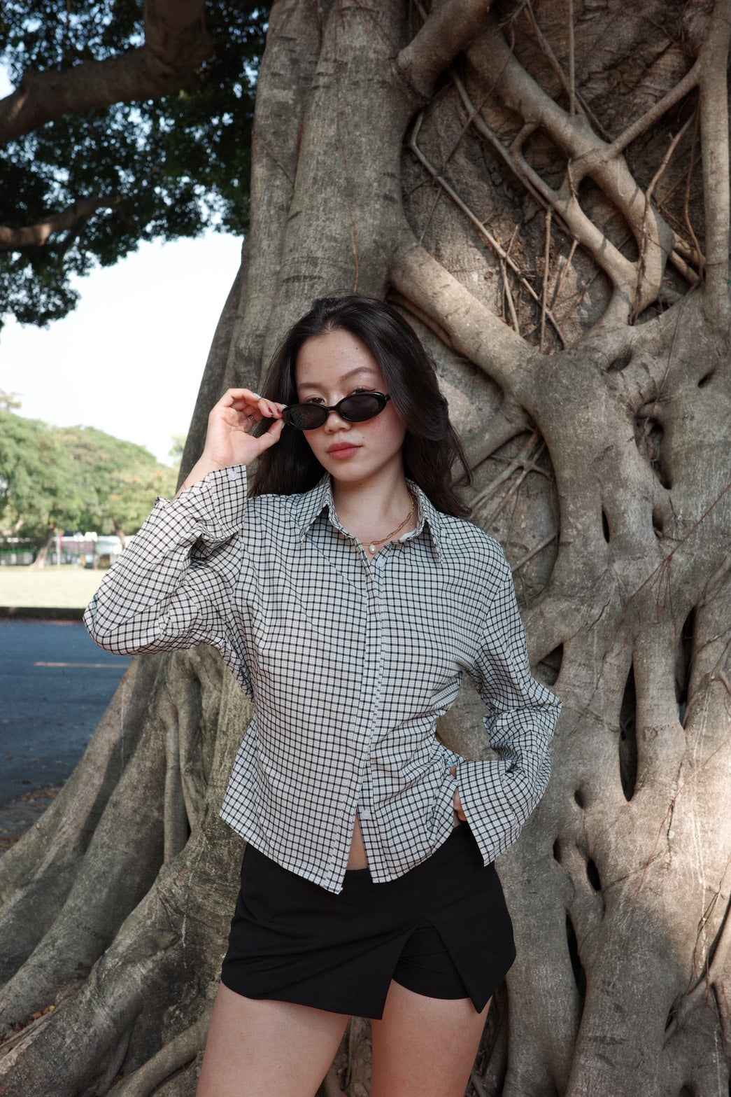 🎥復古辣妹格紋縮腰襯衫🩶