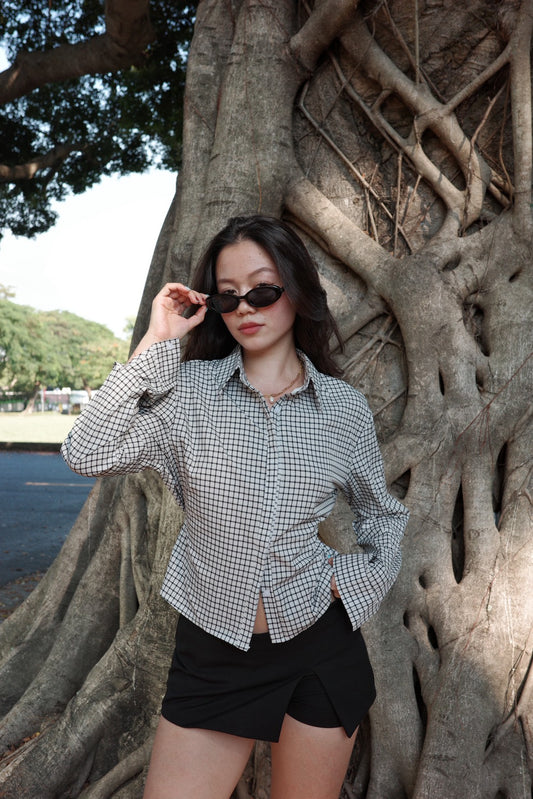 🎥復古辣妹格紋縮腰襯衫🩶