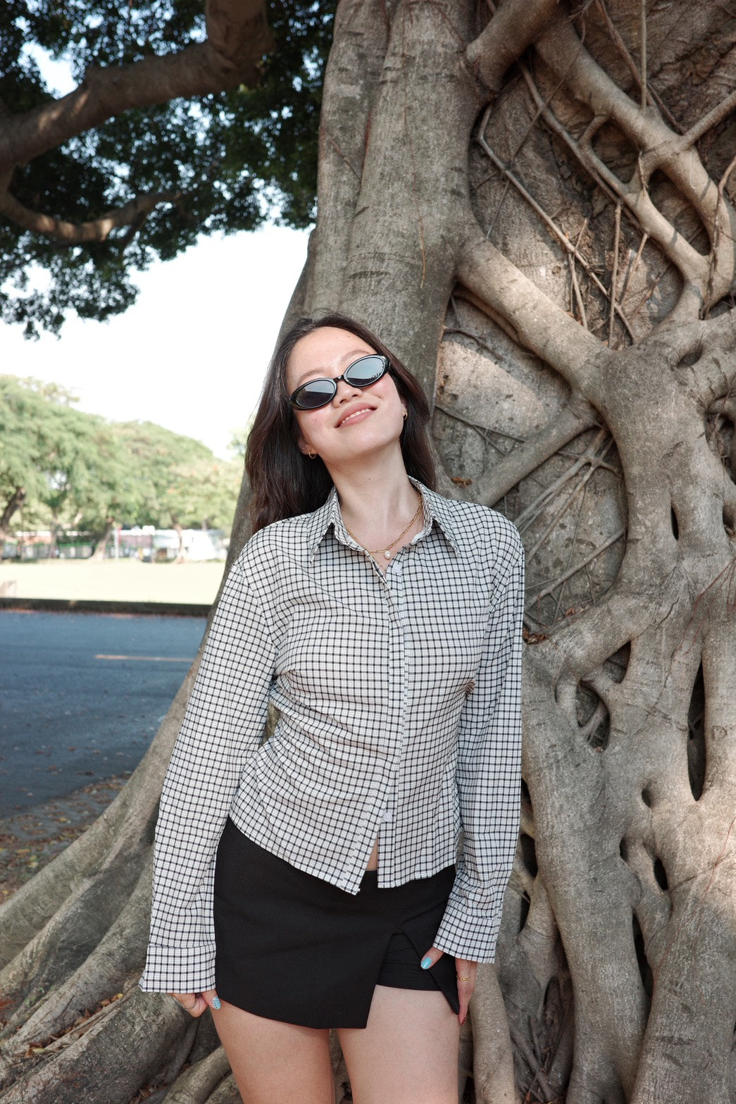 🎥復古辣妹格紋縮腰襯衫🩶