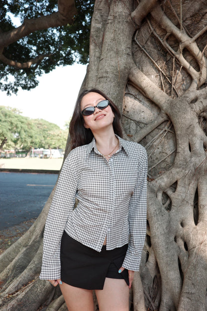 🎥復古辣妹格紋縮腰襯衫🩶