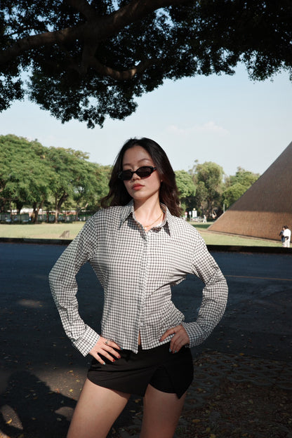 🎥復古辣妹格紋縮腰襯衫🩶