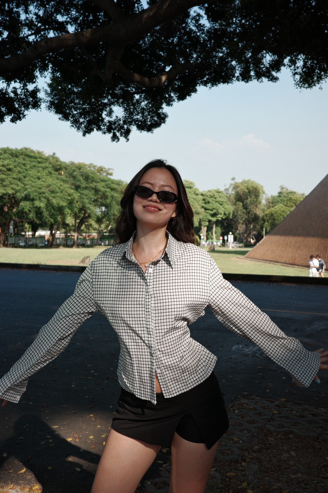 🎥復古辣妹格紋縮腰襯衫🩶
