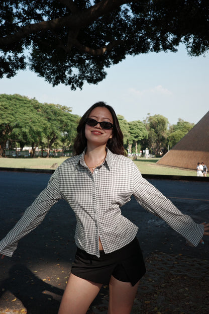 🎥復古辣妹格紋縮腰襯衫🩶