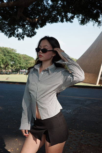 🎥復古辣妹格紋縮腰襯衫🩶