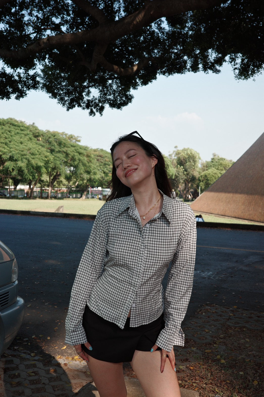 🎥復古辣妹格紋縮腰襯衫🩶