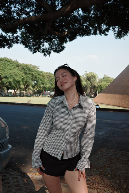 🎥復古辣妹格紋縮腰襯衫🩶