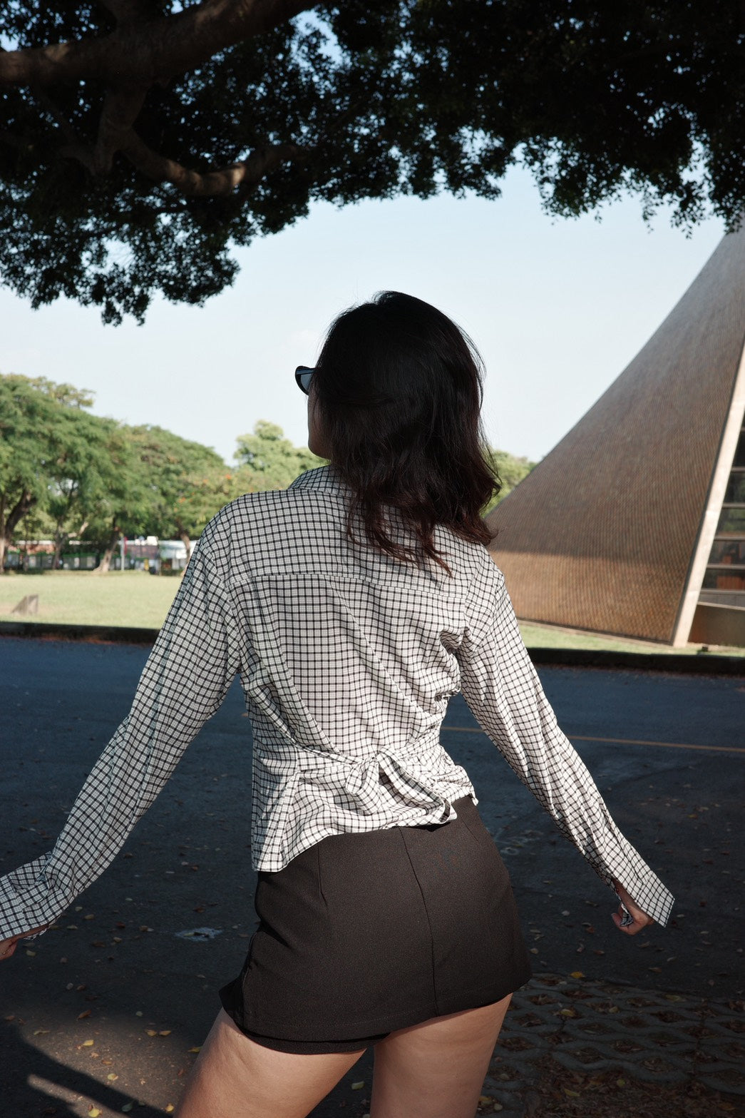 🎥復古辣妹格紋縮腰襯衫🩶