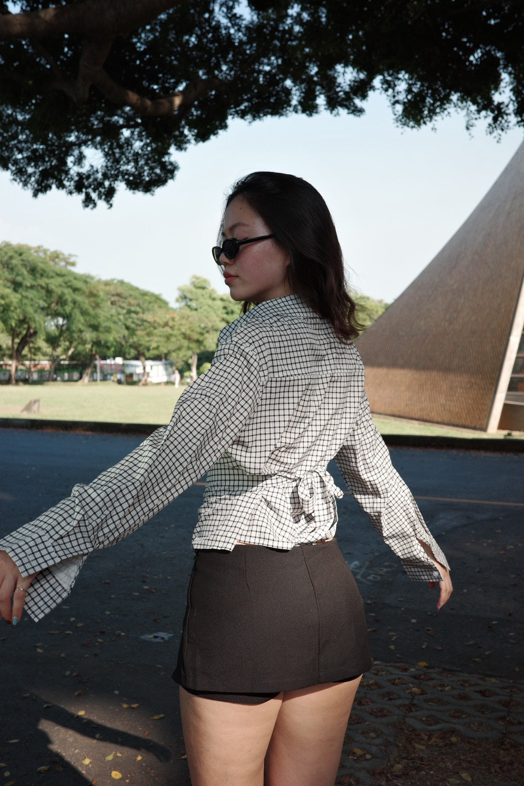 🎥復古辣妹格紋縮腰襯衫🩶