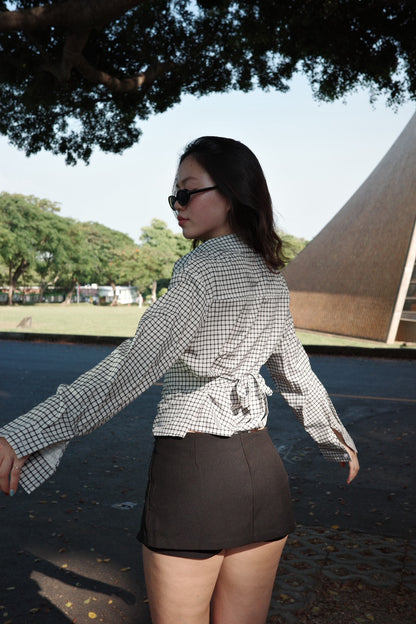 🎥復古辣妹格紋縮腰襯衫🩶