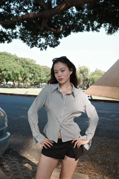 🎥復古辣妹格紋縮腰襯衫🩶