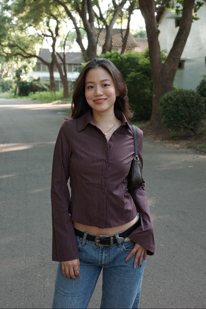 本期必買!!🧸超好看咖啡色條紋縮腰辣妹襯衫🤎