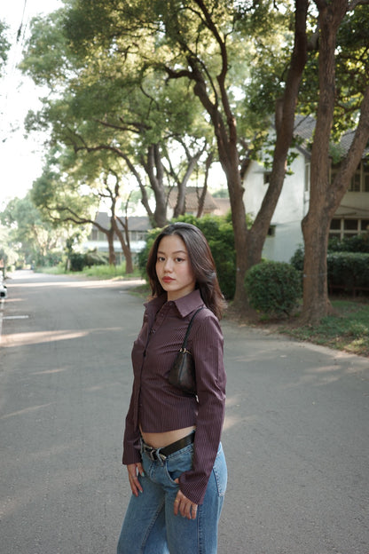 本期必買!!🧸超好看咖啡色條紋縮腰辣妹襯衫🤎