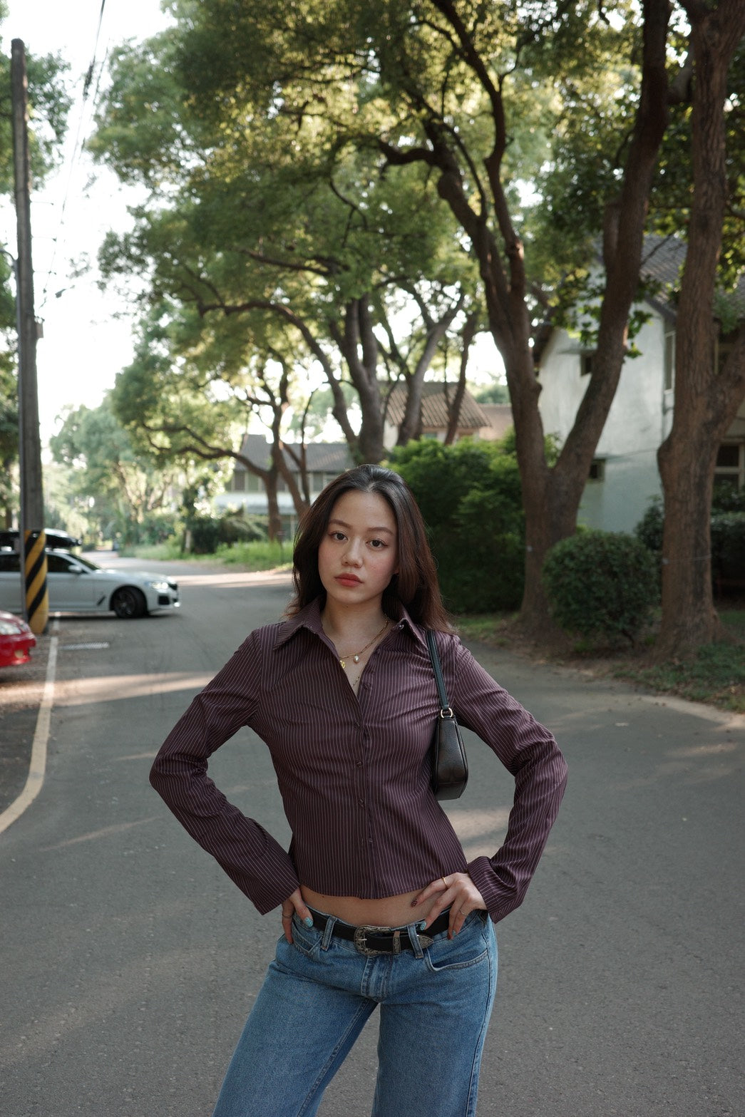 本期必買!!🧸超好看咖啡色條紋縮腰辣妹襯衫🤎