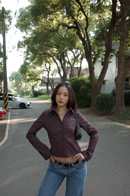 本期必買!!🧸超好看咖啡色條紋縮腰辣妹襯衫🤎