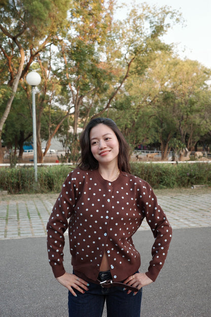 超可愛!!!🤎🩵咖啡色波點針織毛衣外套!!🧸⭐️