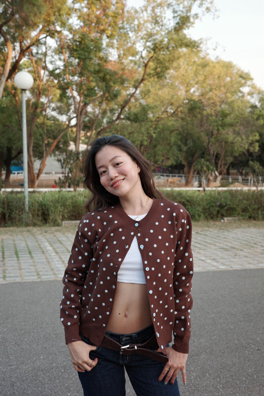 超可愛!!!🤎🩵咖啡色波點針織毛衣外套!!🧸⭐️