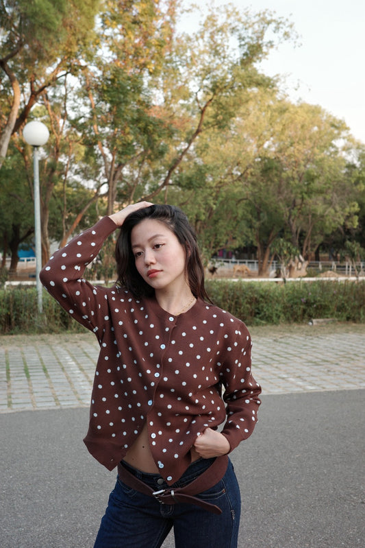 超可愛!!!🤎🩵咖啡色波點針織毛衣外套!!🧸⭐️