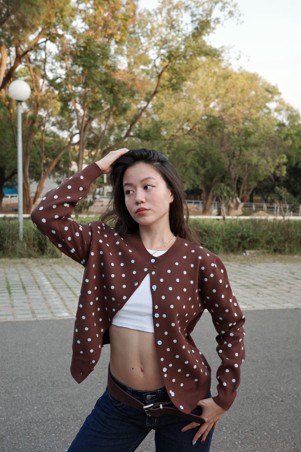 超可愛!!!🤎🩵咖啡色波點針織毛衣外套!!🧸⭐️